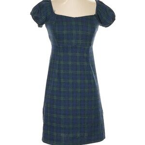 Short puff sleeve plaid mini dress in dark blue and green tartan